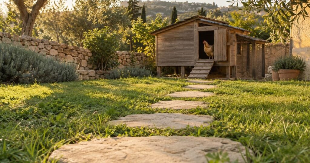 Camino de piedras sobre el césped que lleva a un gallinero de madera con una gallina asomada a la puerta