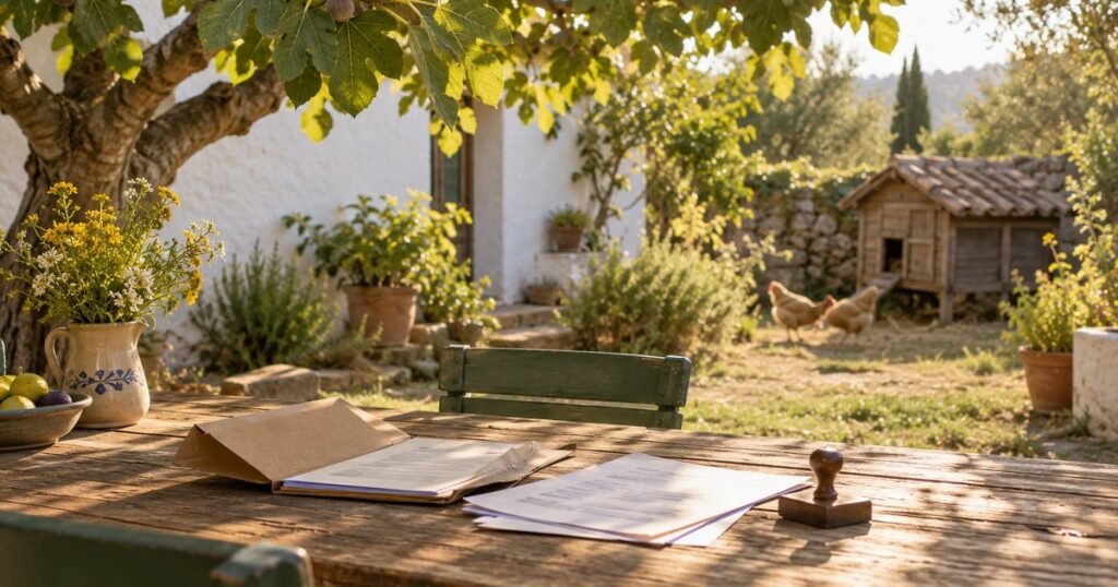 Patio de una casa de pueblo con un pequeño gallinero de madera al fondo y una carpeta con documentos y un sello sobre una mesa de jardín