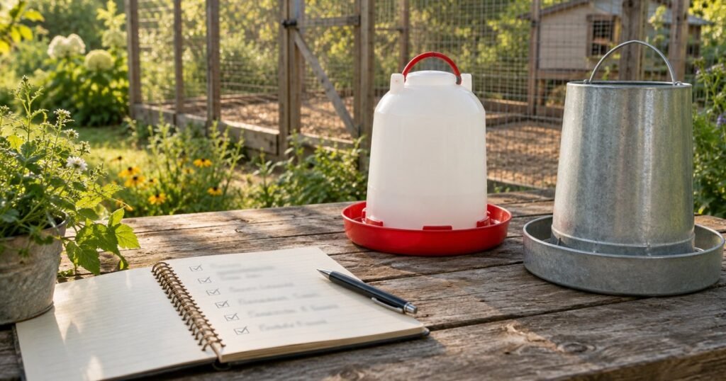 Cuaderno con una lista de comprobación junto a un bebedero y un comedero para gallinas, delante de un corral vacío